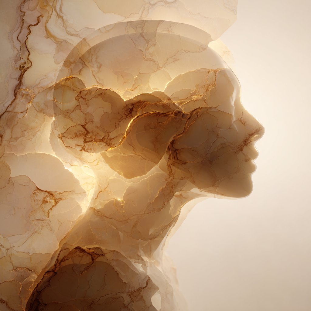 Visualisierung von Homöostase – menschliches Profil im goldenen Marmorlicht, Symbol für inneres Gleichgewicht
