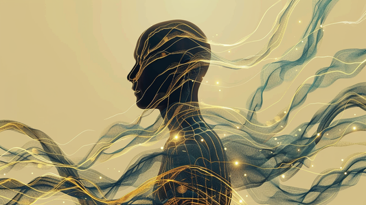 abstrakte Illustration einer menschlichen Silhouette mit goldenen Linien und blauen Wellen -Symbol für Stresshormone Cortisol und Adrenalin