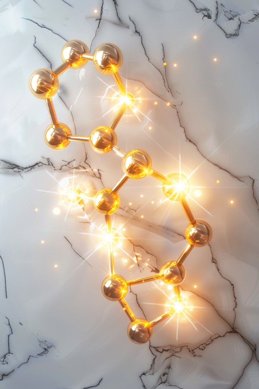 Goldene Visualisierung des Dopamin-Moleküls auf Marmorhintergrung - luxuriöse Darstellung von Motivation, Freude und innerem Antrieb. 