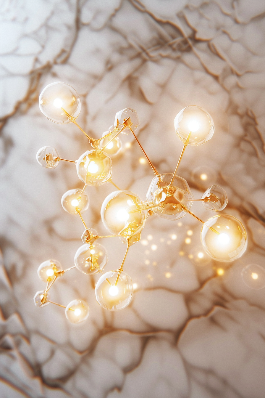 Goldene künstlerische Darstellung des Serotonin-M okeküls auf elegantem Marmorhintergrund - luxuriöse Visualisierung für Aromatherapie und Wohlbefinden. 