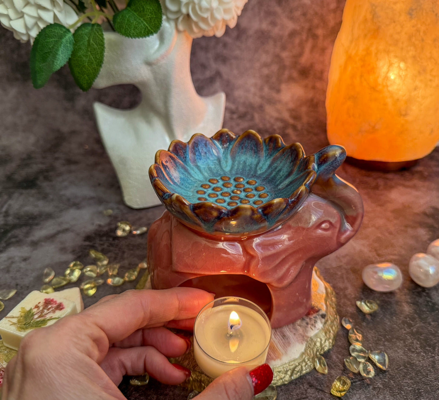 Duftlampe Elefant mit Blüte aus Keramik Farbe Rosa